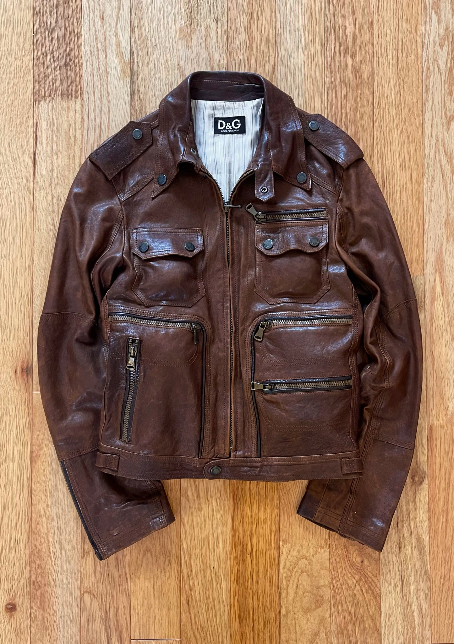 2000’s Dolce & Gabbana Calfskin Leather Multi-Pocket Collared Leather Jacket.