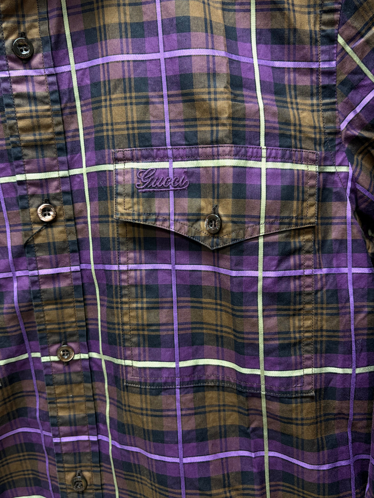 2000s Gucci by Frida Giannini Orange/Purple Plaid Button Up Shirt with Shoulder Epaulets