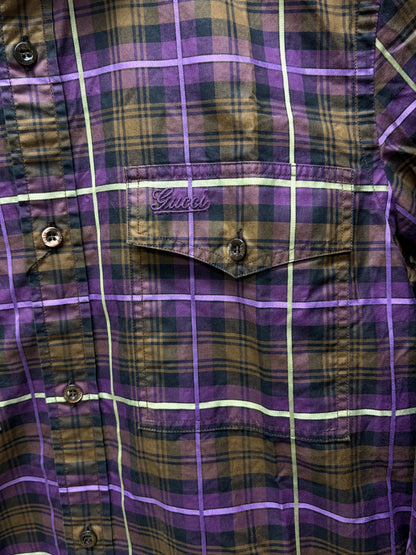 2000s Gucci by Frida Giannini Orange/Purple Plaid Button Up Shirt with Shoulder Epaulets