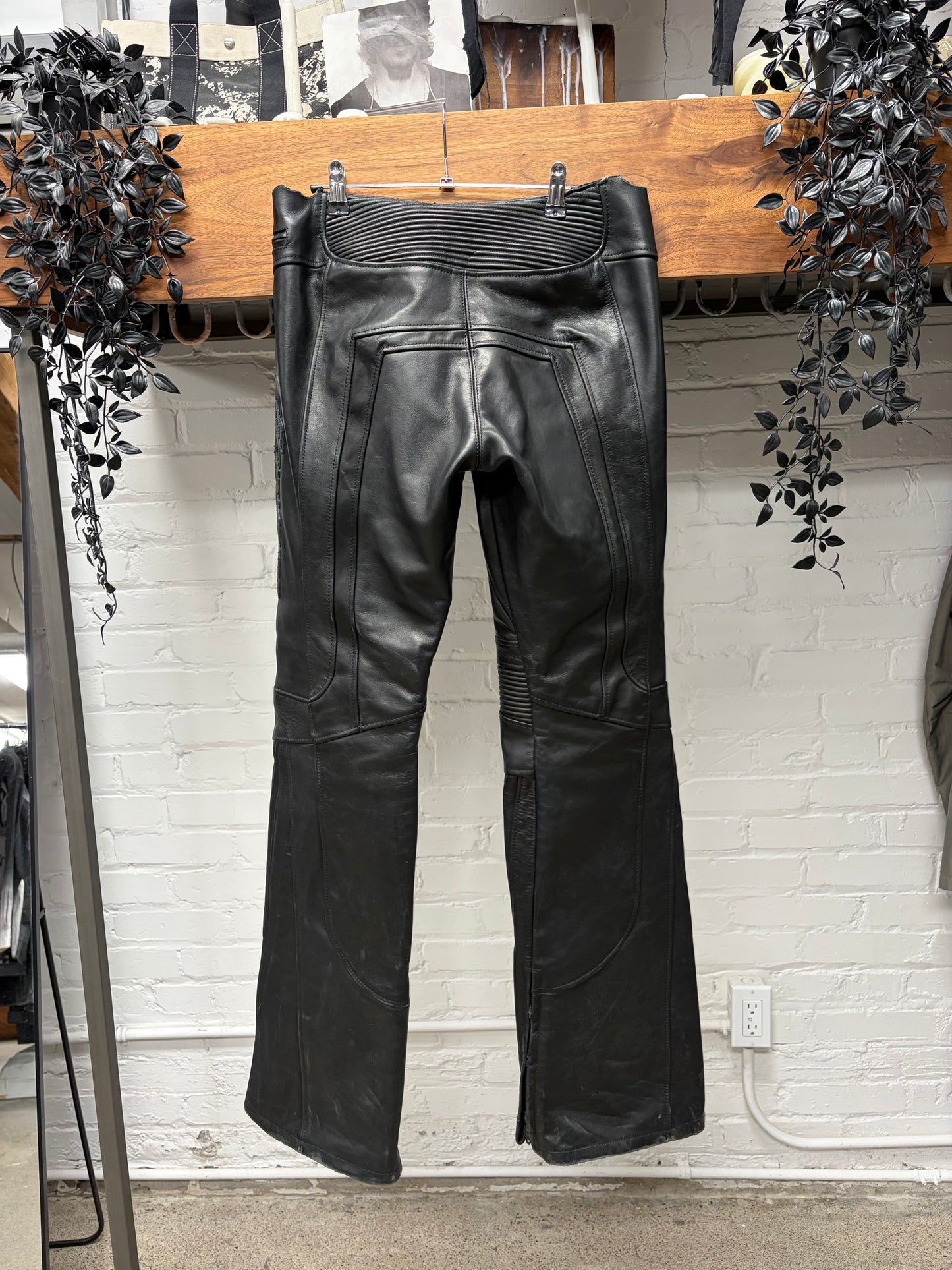 AW2024 Balenciaga ‘Low Waisted’ Unfinished Waistband Black Leather Motorcycle Pants