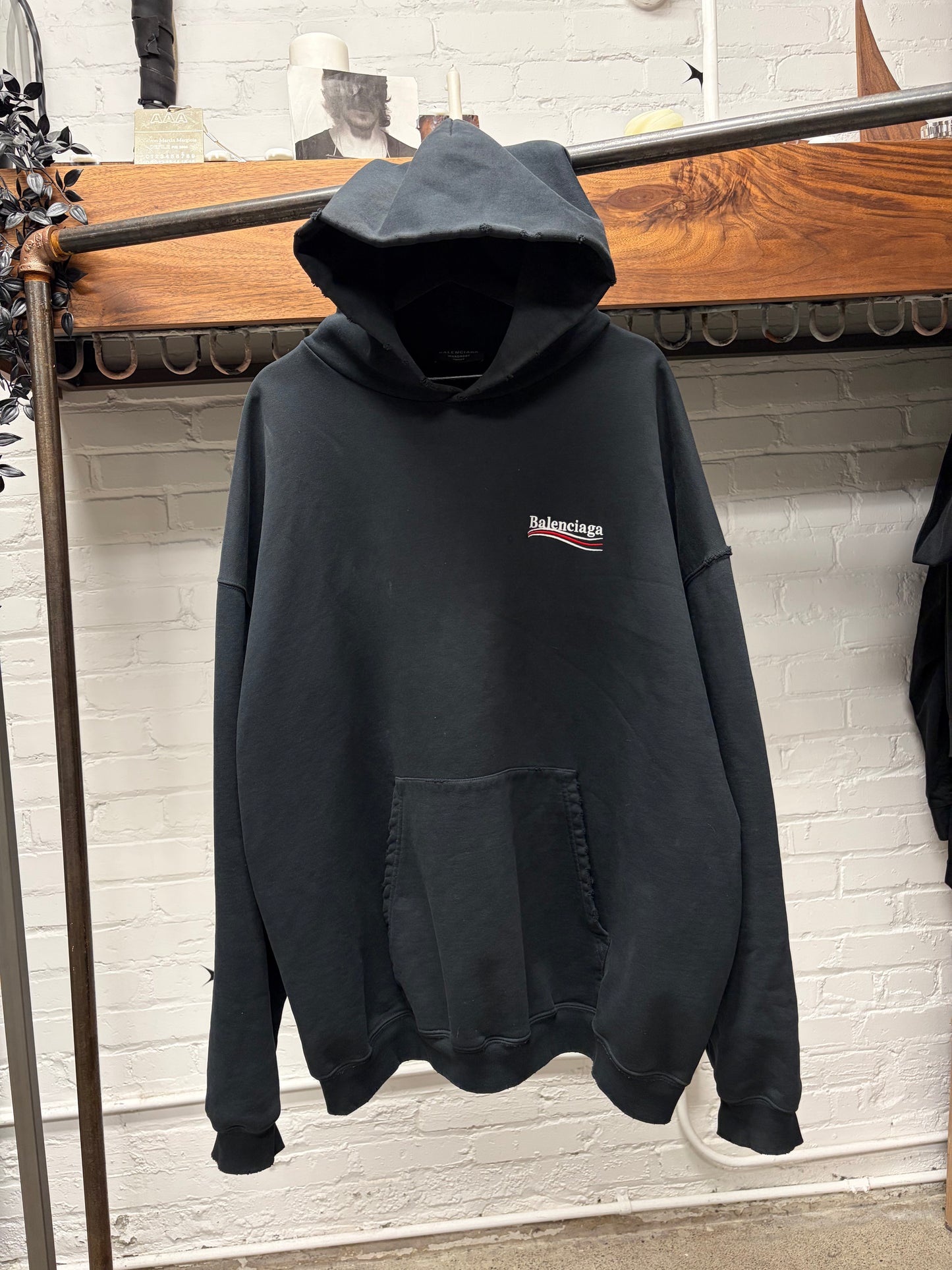 AW2022 Balenciaga Campaign Logo Distressed Black Terry Cotton Hoodie