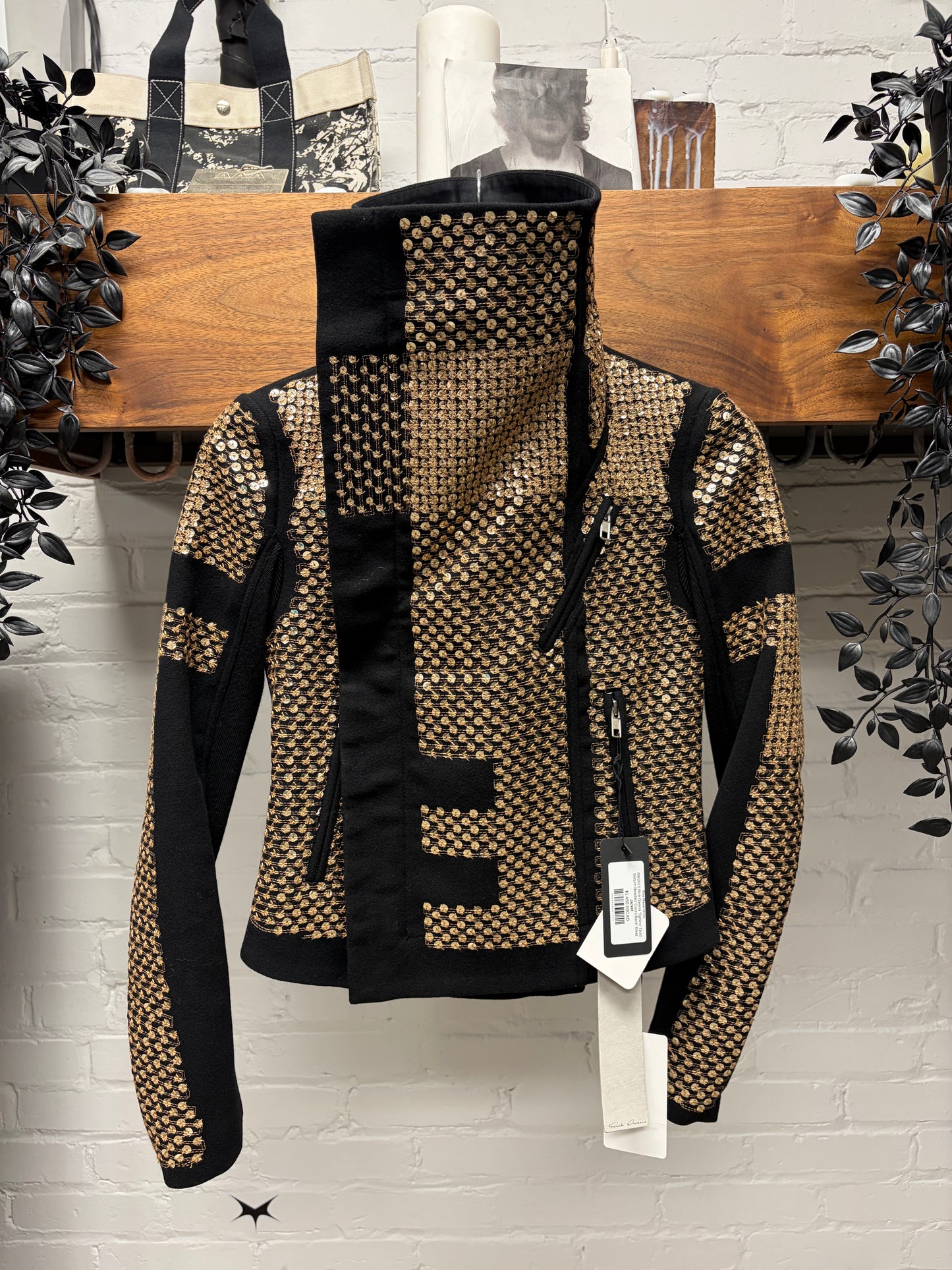 AW2015 Rick Owens ‘Sphinx’ Gold Sequin Beaded ‘Cross Back’ Biker Jacket