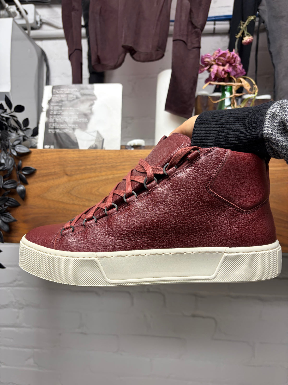 Balenciaga 'Arena' Oxblood Red Leather Platform Sole High Top Sneakers