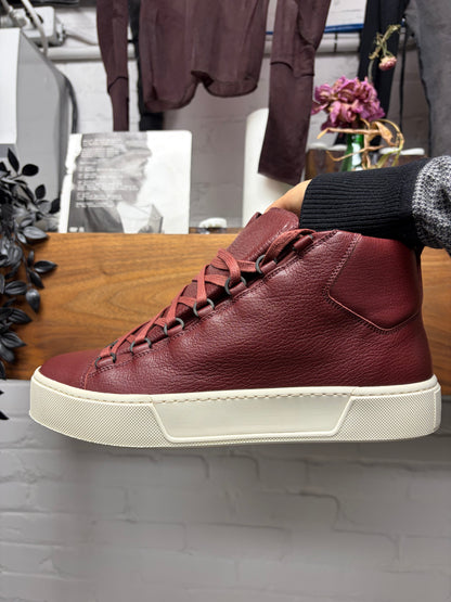Balenciaga 'Arena' Oxblood Red Leather Platform Sole High Top Sneakers