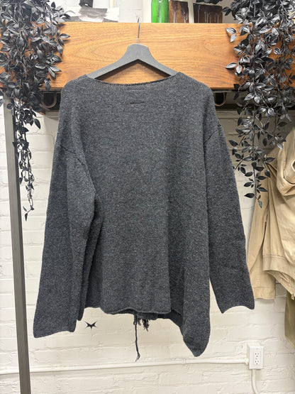 Yohji Yamamoto Grey Wool ‘B’ Knit Sweater with Frayed Distressing