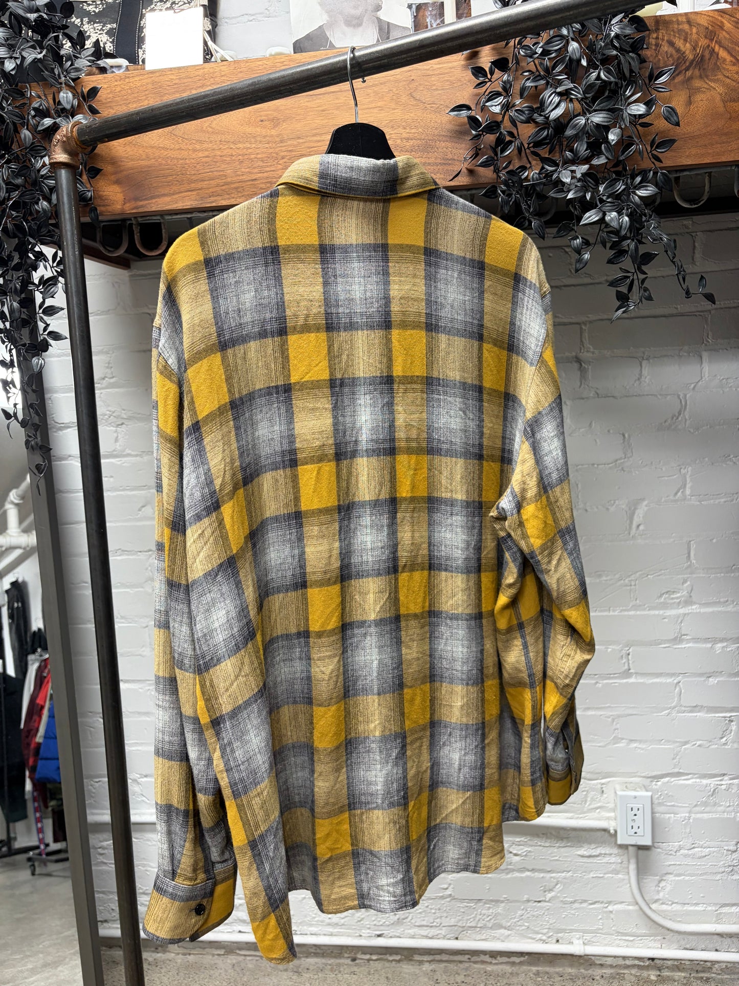 Celine Yellow/Grey Plaid Button Up Flannel Collared Shirt
