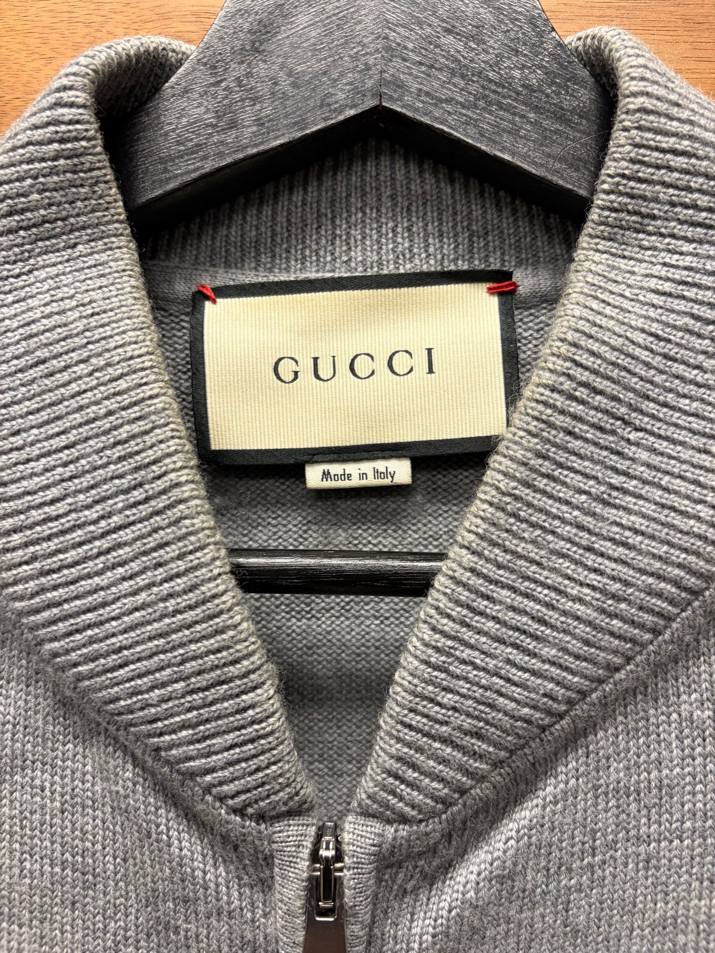 Gucci Embroidered ‘Crest Logo’ Knit Zip-Up Grey Wool Bomber Jacket