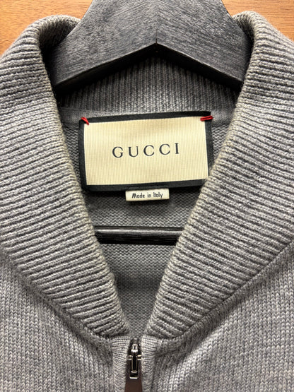 Gucci Embroidered ‘Crest Logo’ Knit Zip-Up Grey Wool Bomber Jacket