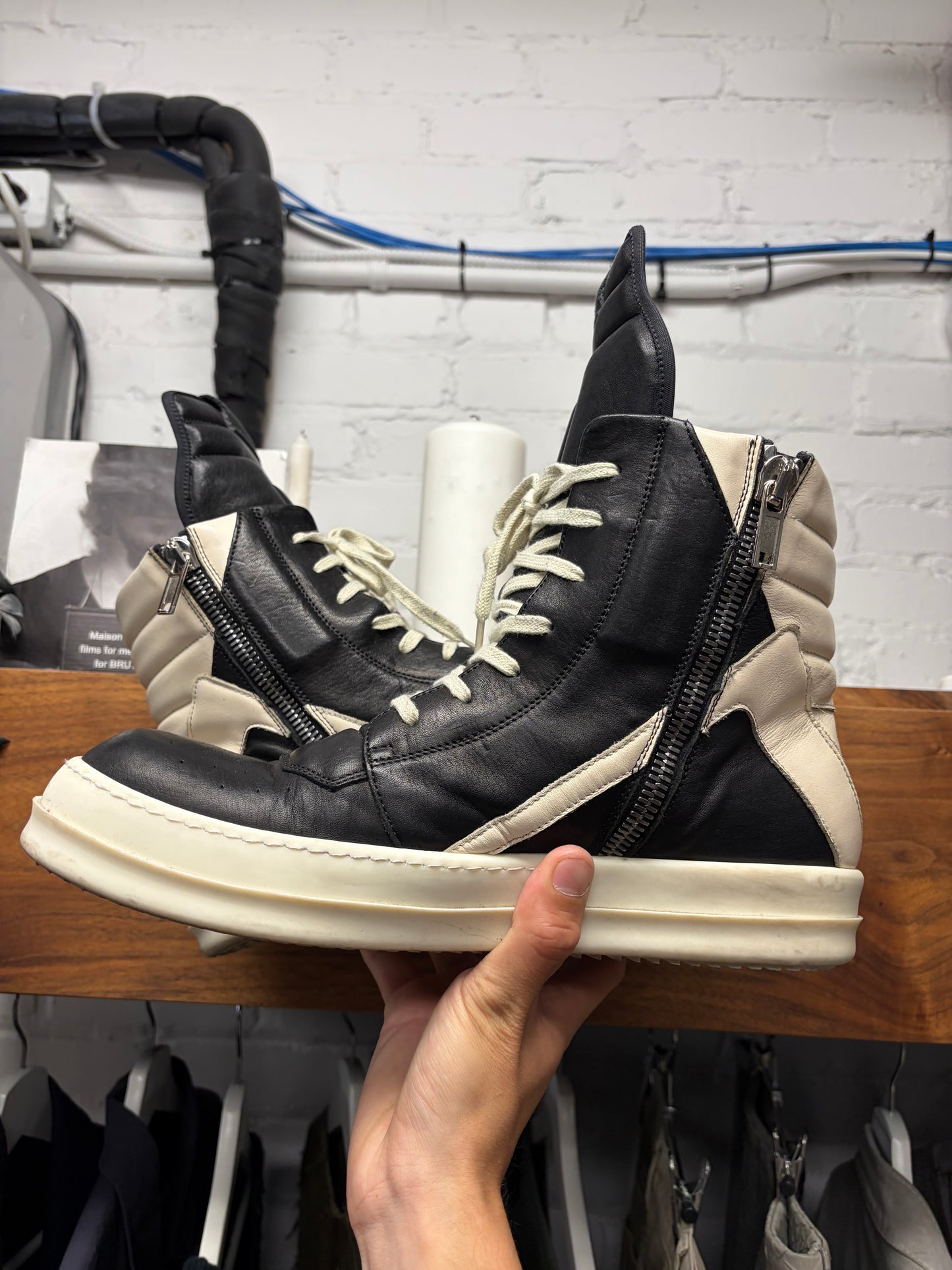 Rick Owens Black/Milk Leather ‘Geobasket’ High Top Sneakers
