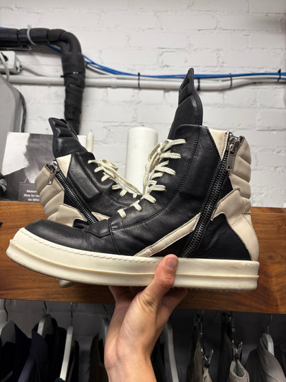 Rick Owens Black/Milk Leather ‘Geobasket’ High Top Sneakers