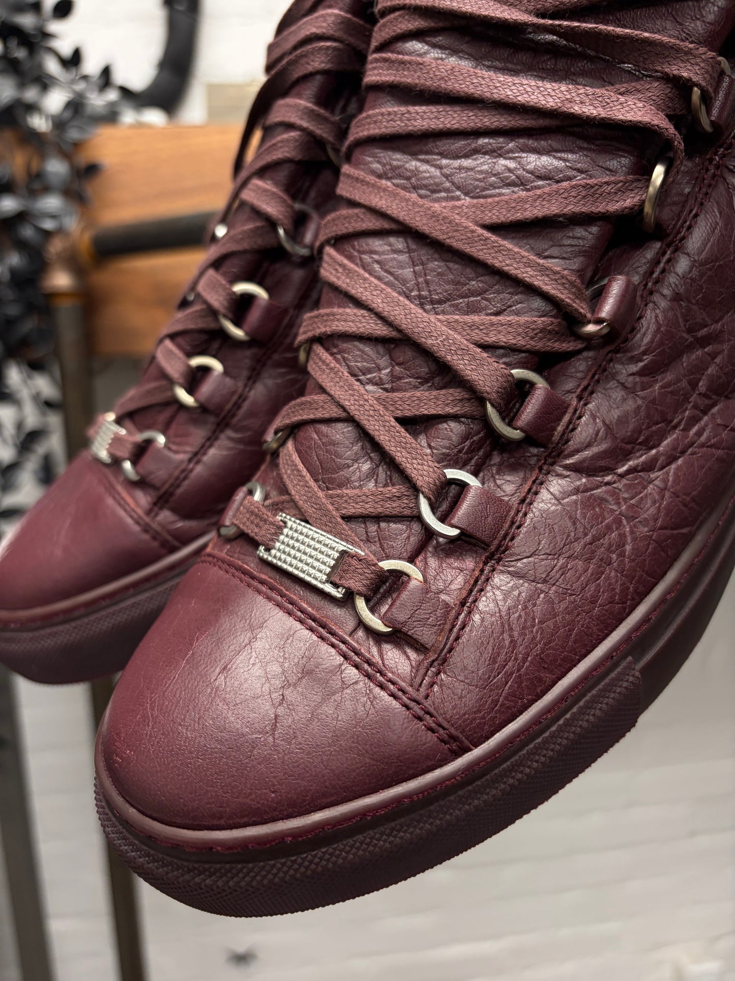 Balenciaga ‘Arena’ Oxblood Red Leather High Top Sneakers