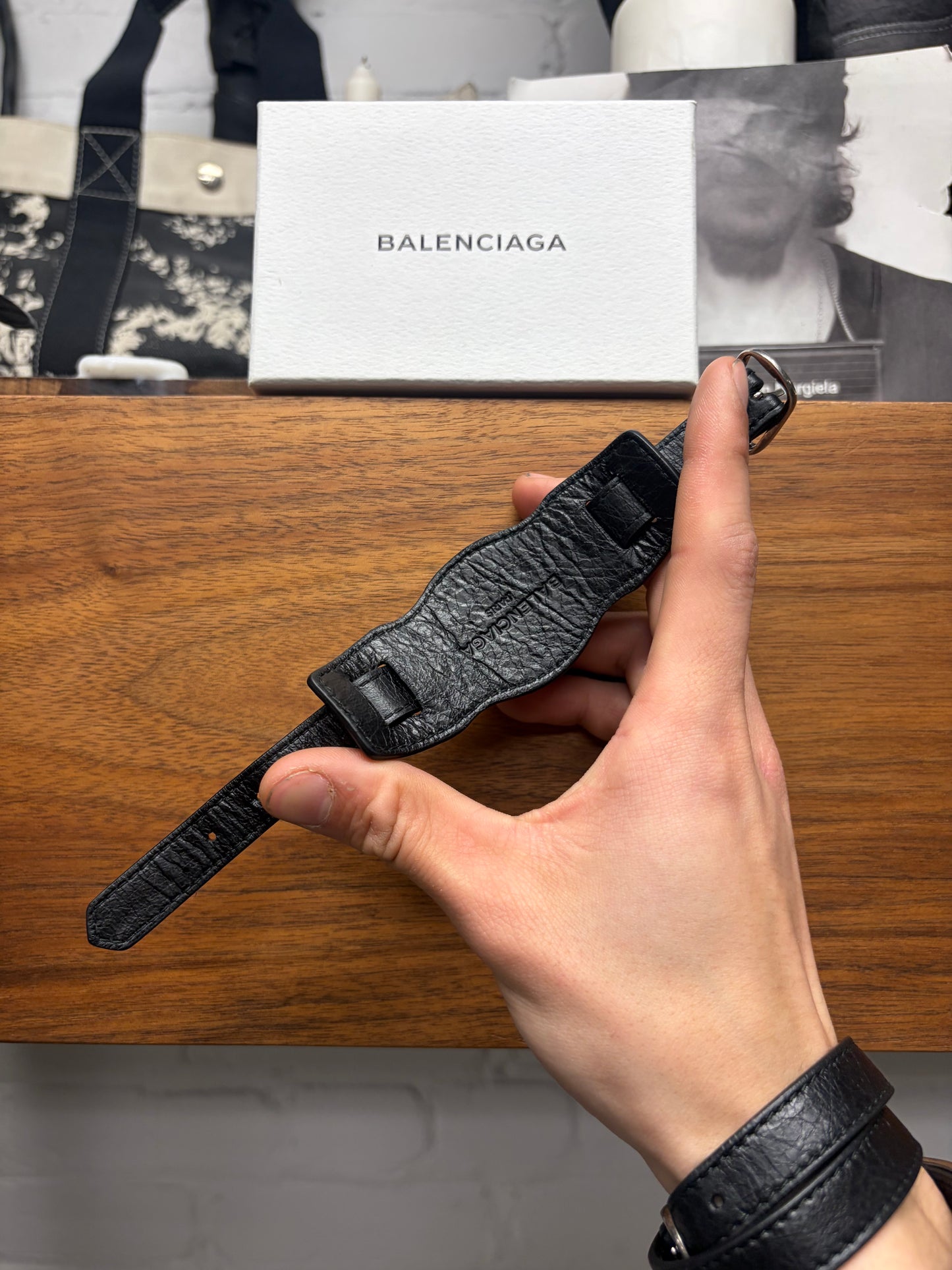 Balenciaga ‘Giant’ Black Calfskin Leather/Silver Stud Bracelet