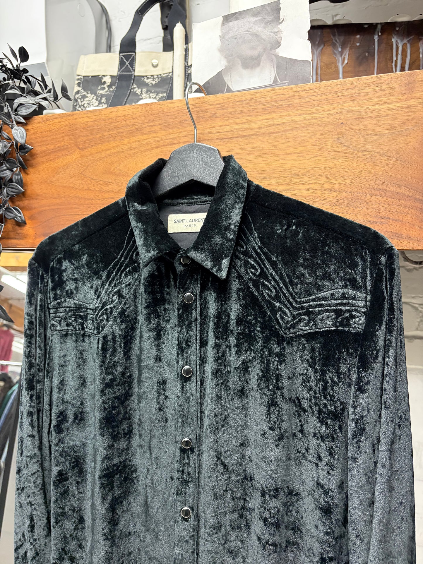 SS2018 Saint Laurent ‘Western’ Button Snap Black Velour Shirt