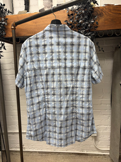 2000s Prada Sport Tartan Plaid Patterned Short Sleeve Zip-Up Shirt