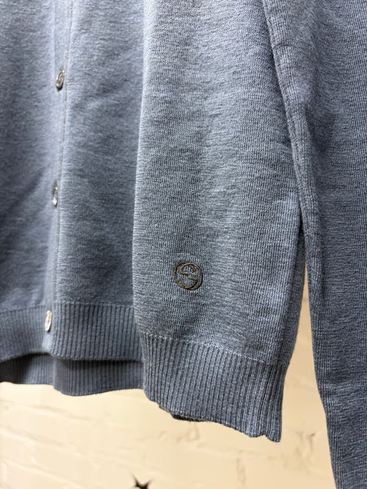Gucci Blue Collared Knit Cardigan Sweater with ‘G’ Embroidered Logo