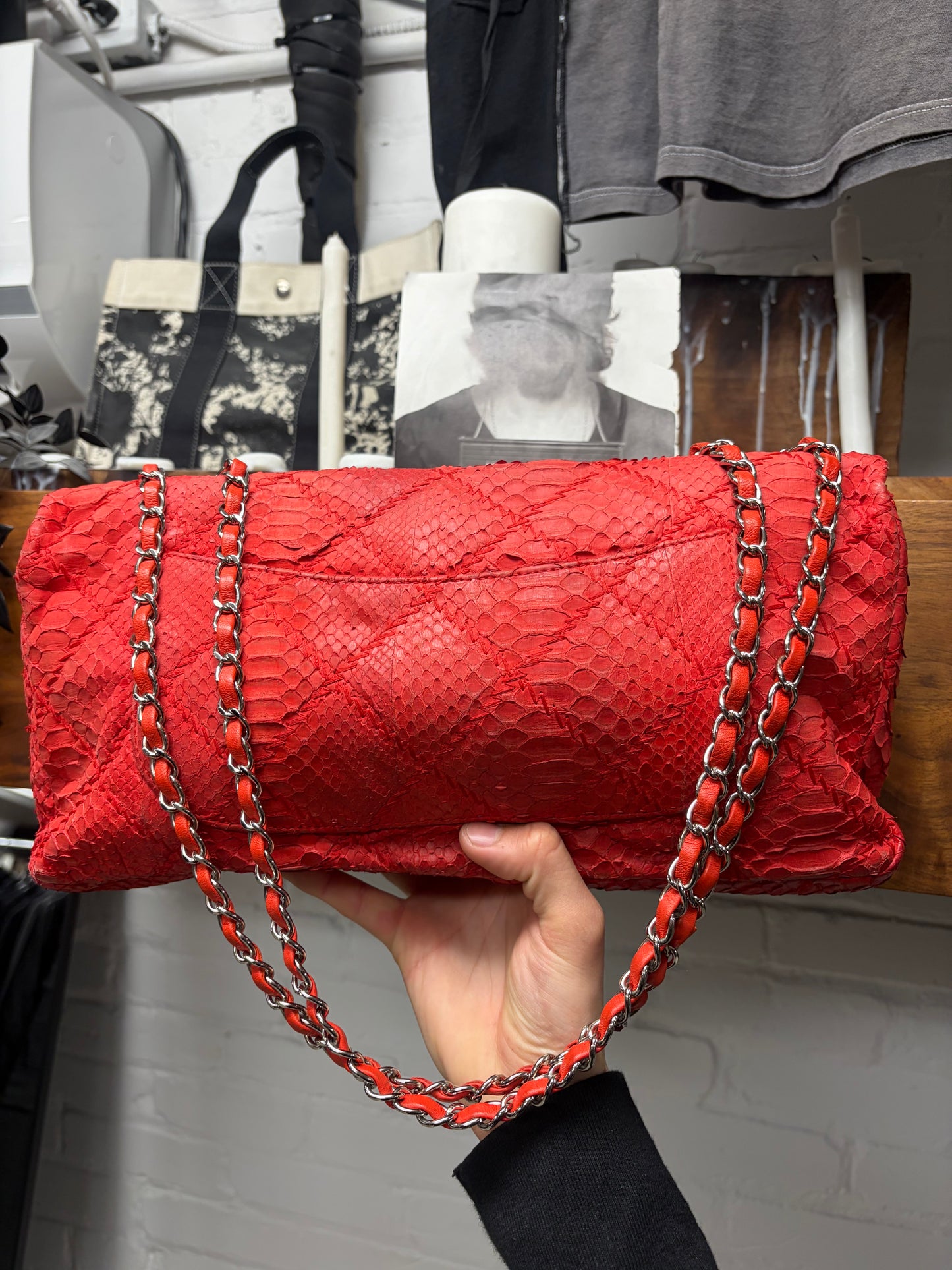 Chanel Red Python Leather Classic ‘Flap Bag’ with Silver Hardware