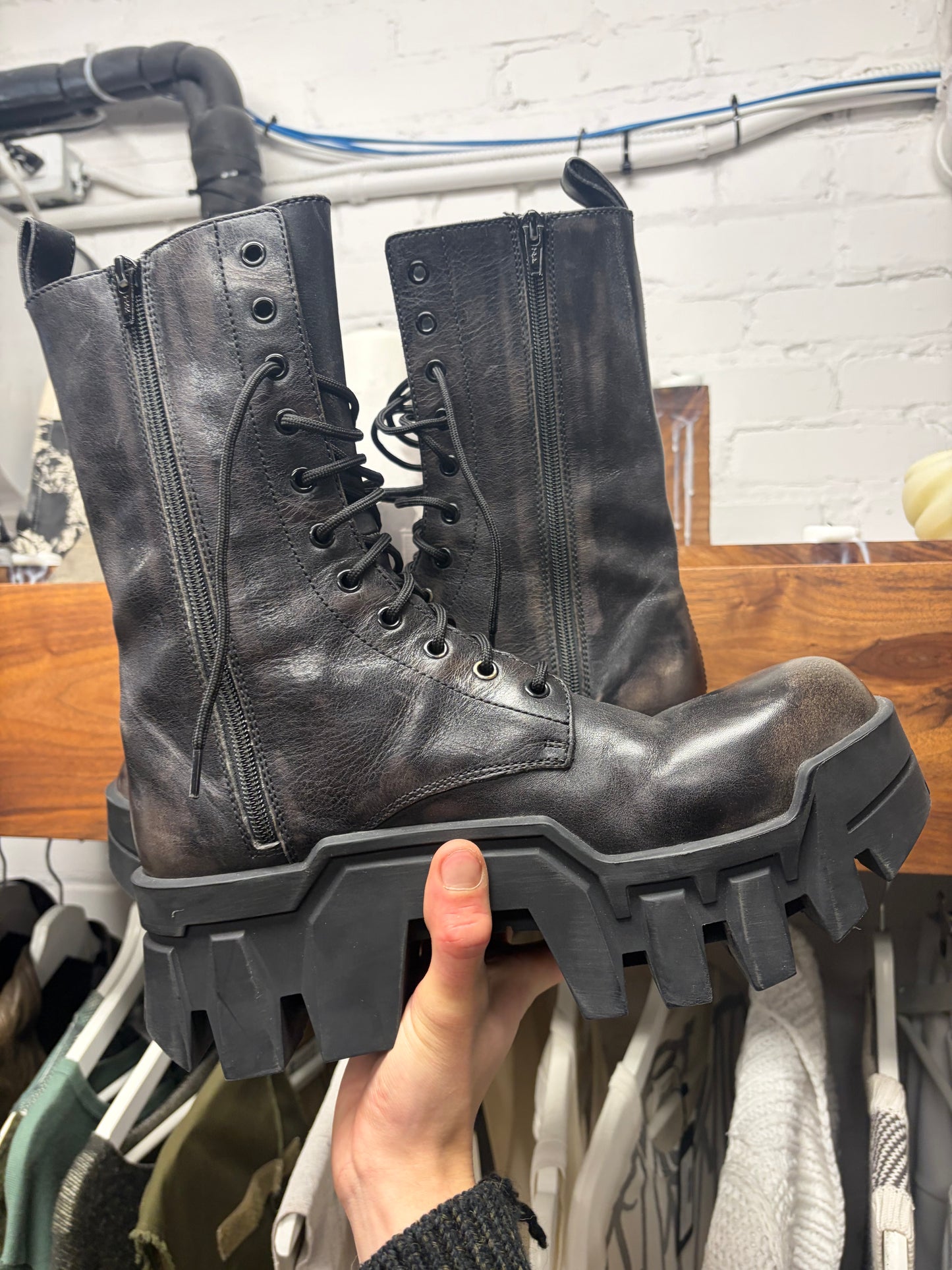 Balenciaga ‘Bulldozer’ Distressed Leather Platform Sole Combat Boots