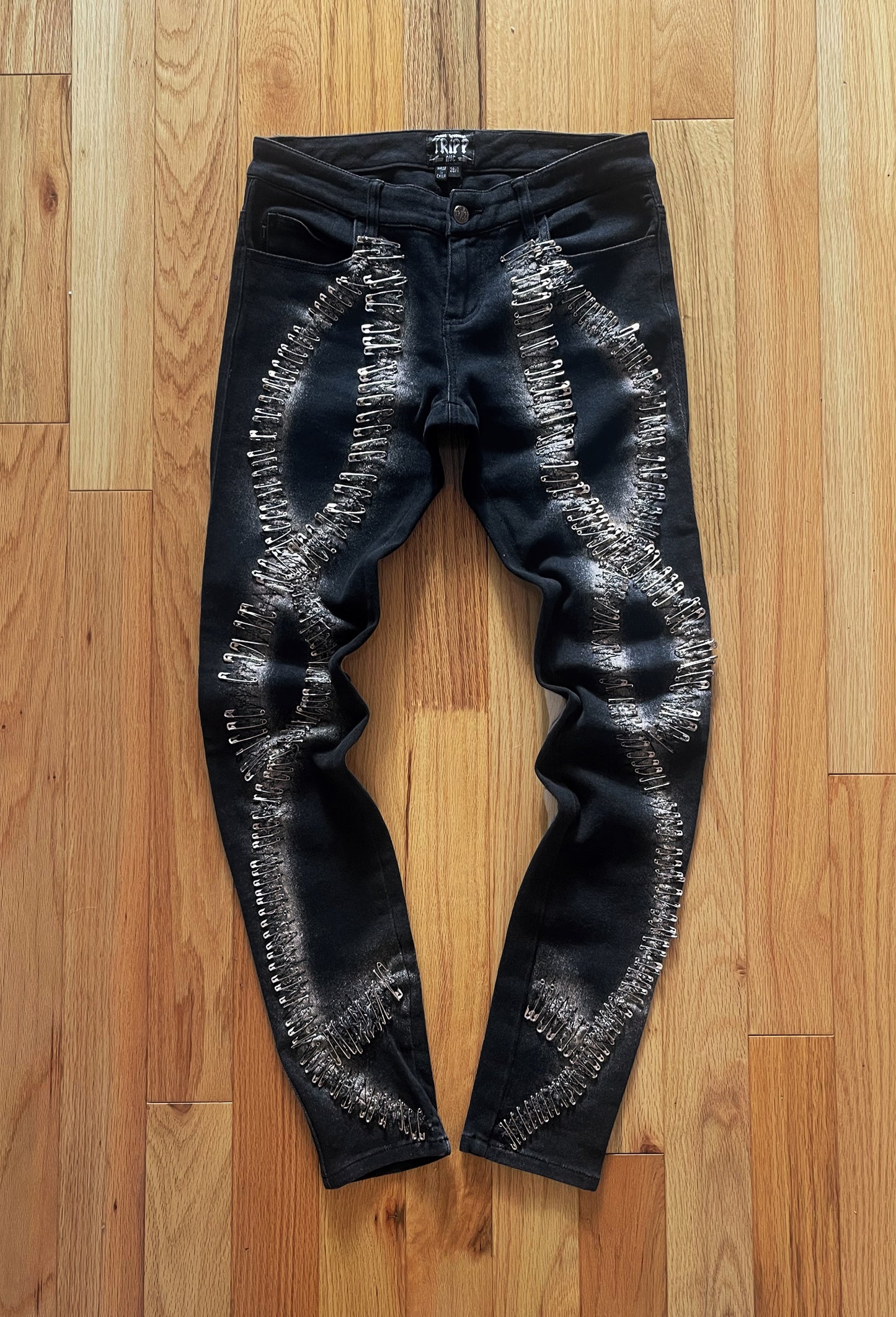 Tripp NYC “Safety Pin’ Washed Black Skinny Denim.