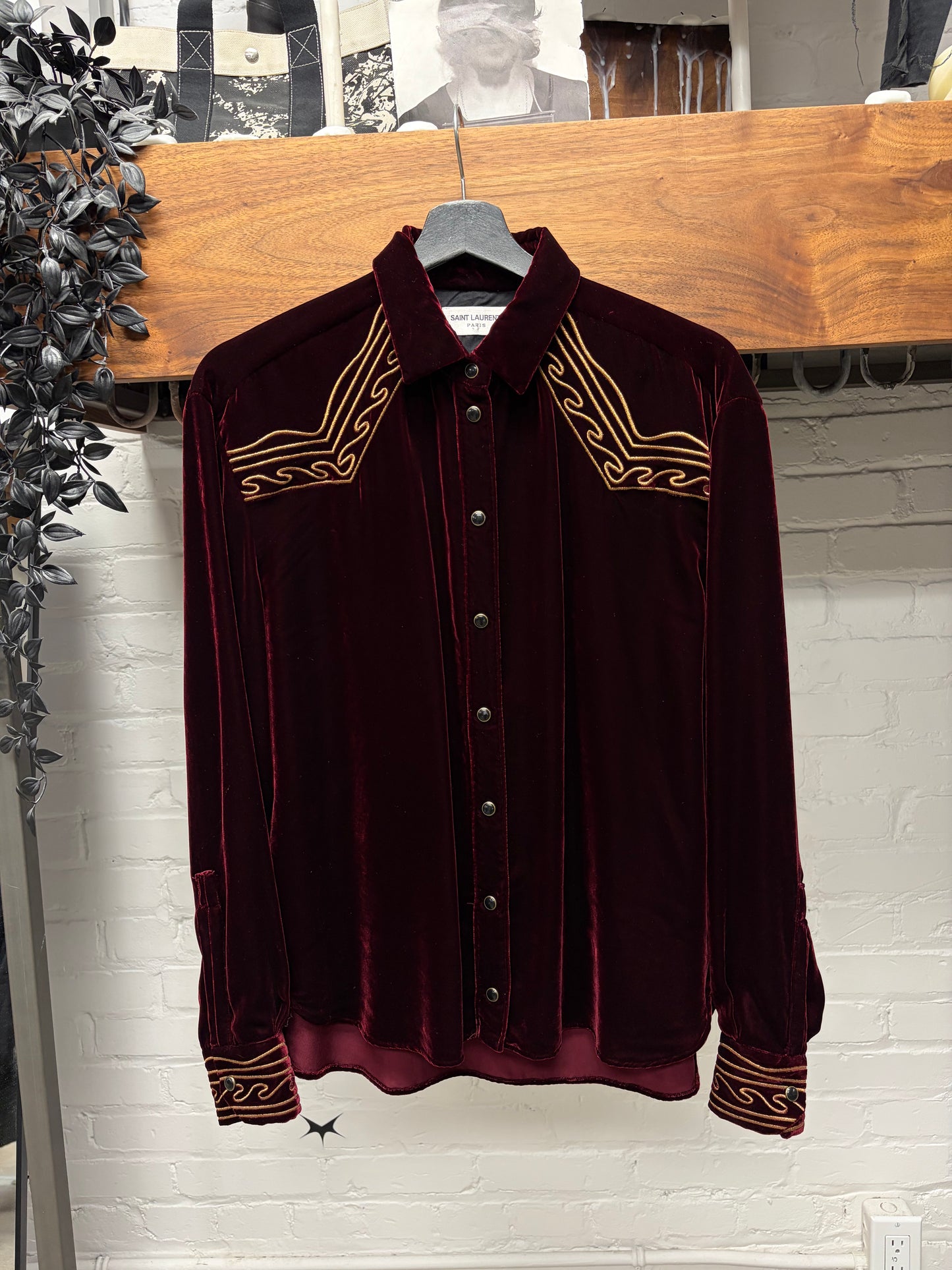 SS2020 Saint Laurent Silk/Velvet Dark Red Western Button Snap Shirt