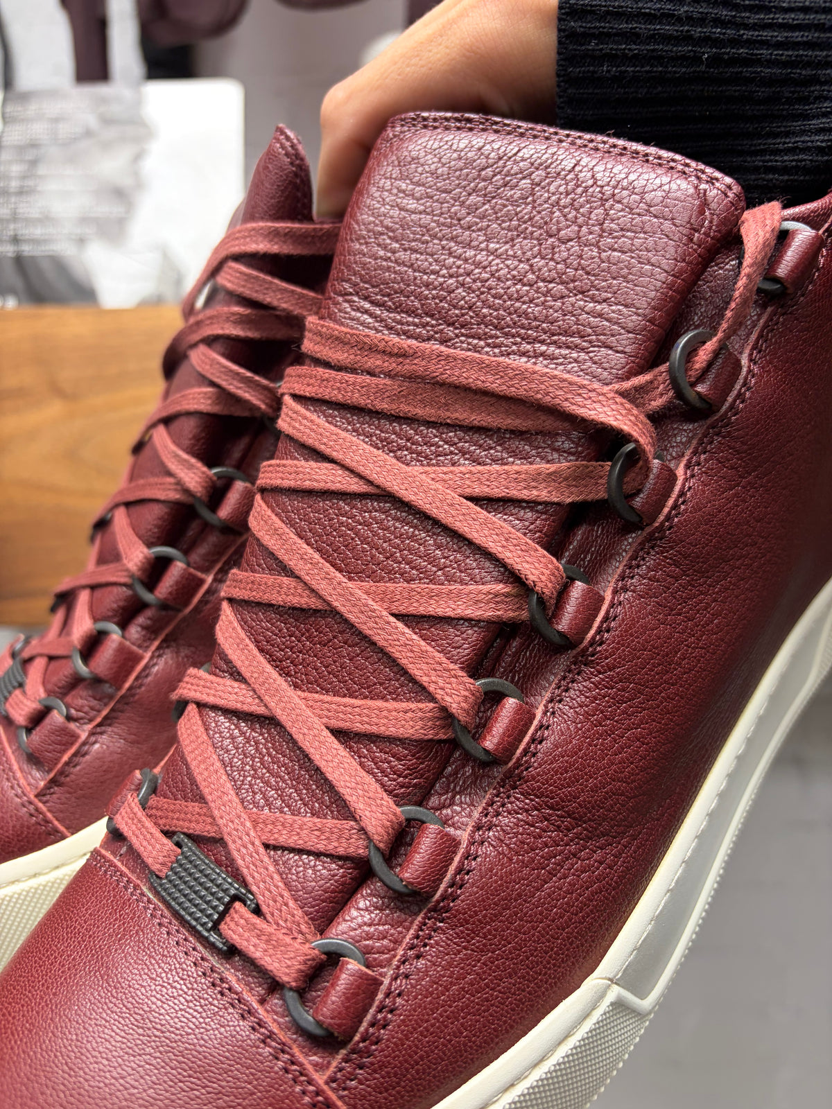 Balenciaga 'Arena' Oxblood Red Leather Platform Sole High Top Sneakers