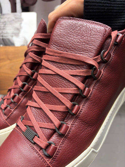 Balenciaga 'Arena' Oxblood Red Leather Platform Sole High Top Sneakers