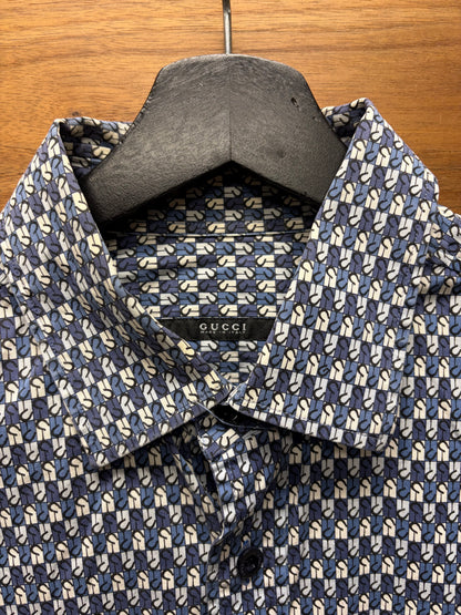 Gucci Blue/White ‘Horseshoe Pattern’ Slim Fit Button Up Shirt