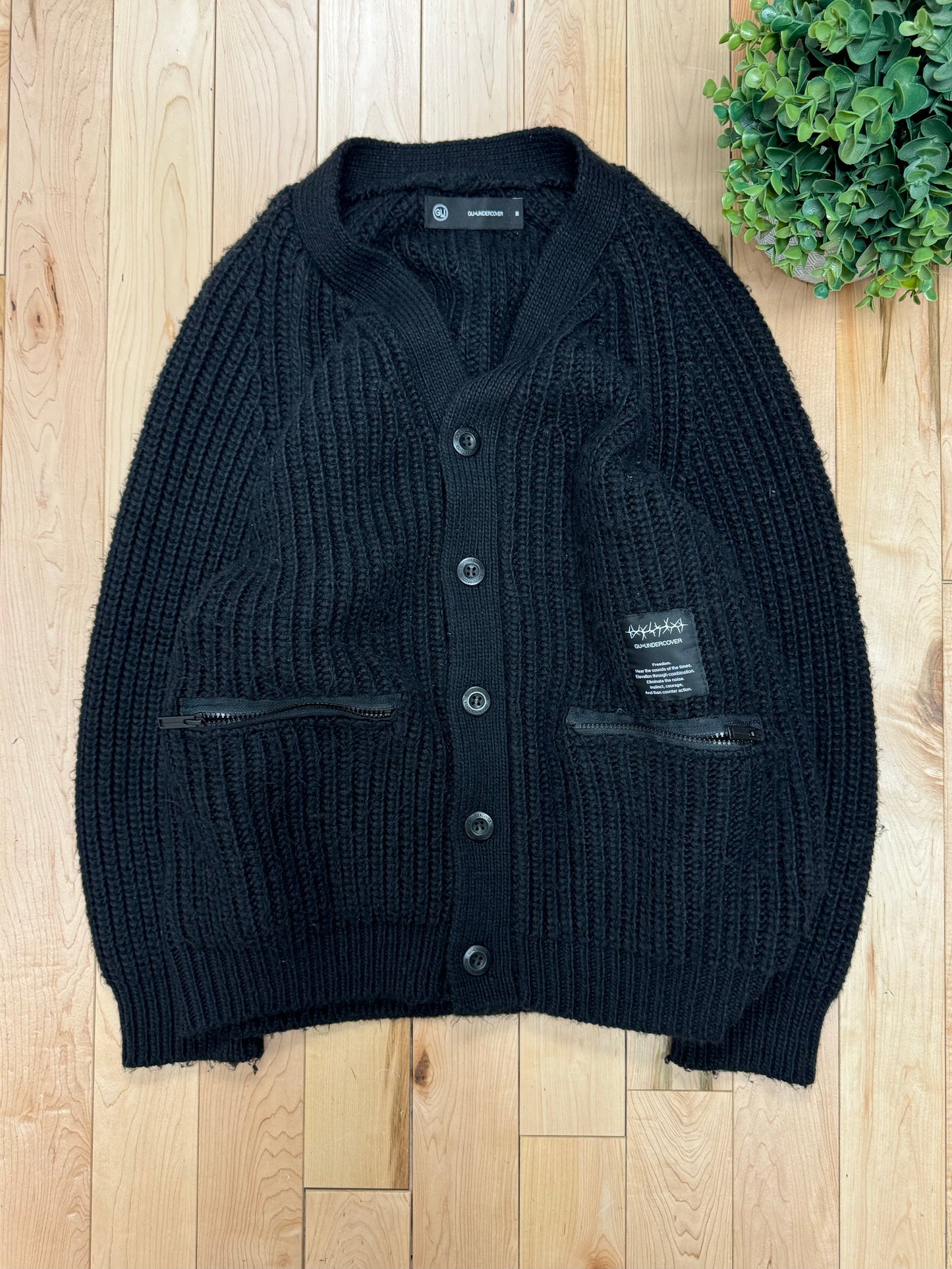 Undercover x GU Black Cable Knit Cardigan.