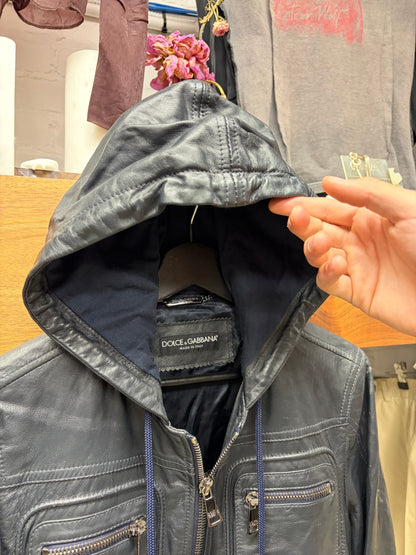 2000s Dolce & Gabbana ‘Mainline’ Hooded Lambskin Leather Cargo Bomber Jacket
