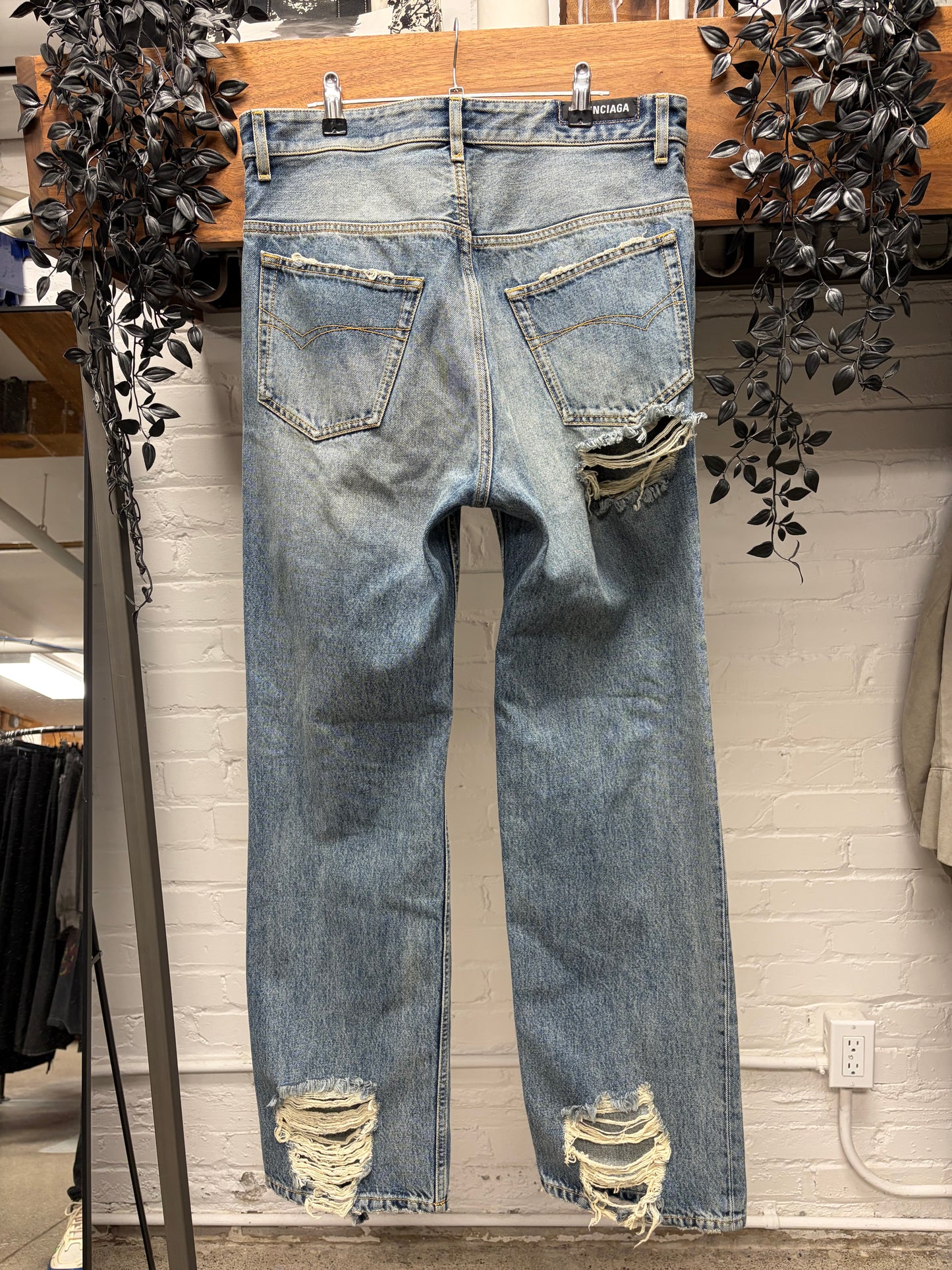 2023 Balenciaga ‘Heavily Distressed’ Washed Blue Bootcut Baggy Denim