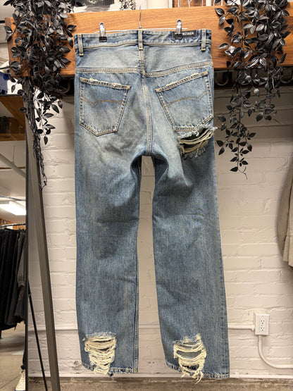 2023 Balenciaga ‘Heavily Distressed’ Washed Blue Bootcut Baggy Denim
