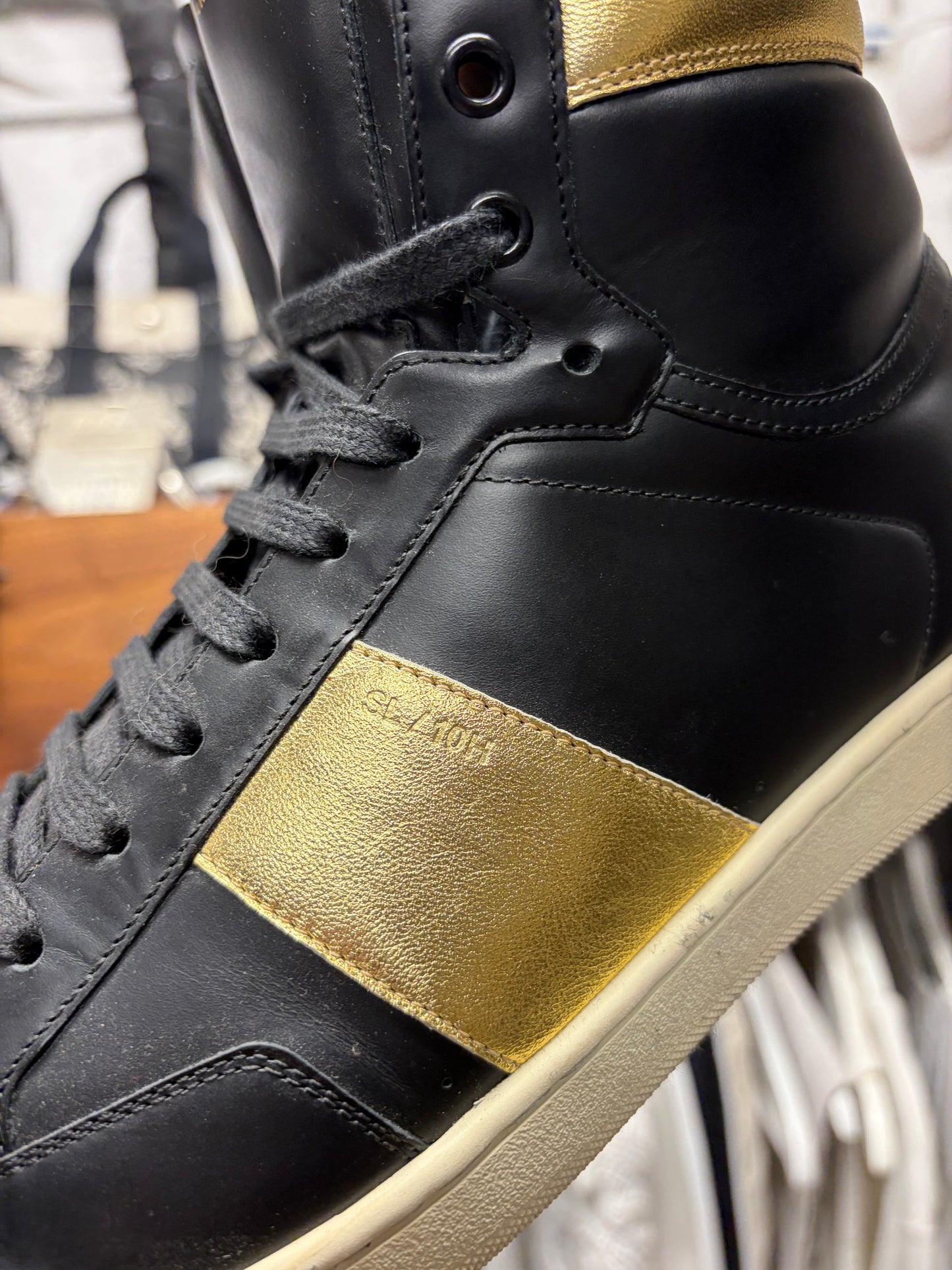 Saint Laurent ‘SL/10H’ Black/Gold Leather Court High Top Sneakers