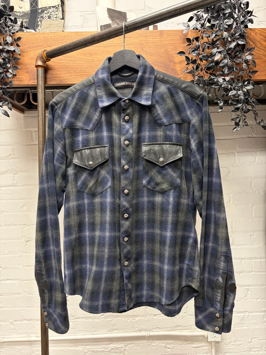 Chrome Hearts Leather Cross Patch ‘Fleur Back’ Western Plaid Flannel Shirt