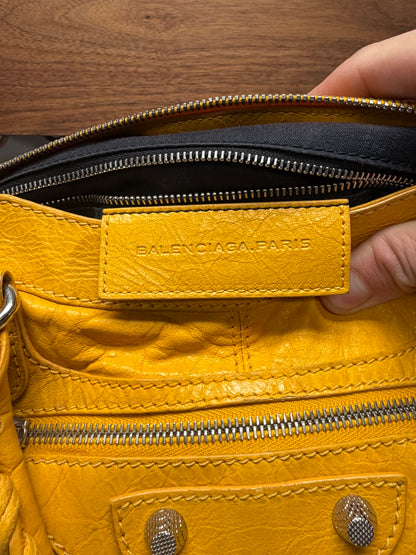 Balenciaga Yellow Lambskin Leather ‘City Bag’ with Silver Hardware and Crossbody Strap
