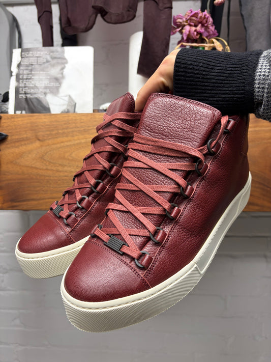 Balenciaga 'Arena' Oxblood Red Leather Platform Sole High Top Sneakers