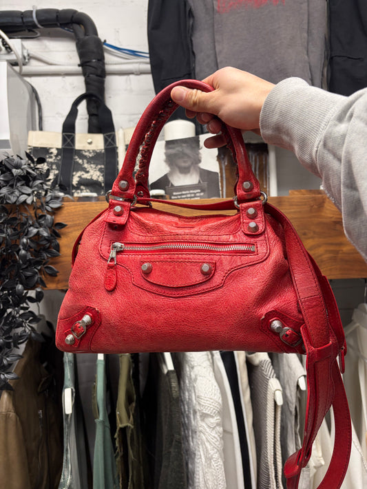 Balenciaga ‘Town’ Red Leather Bag with Silver Toned Hardware and Crossbody Strap