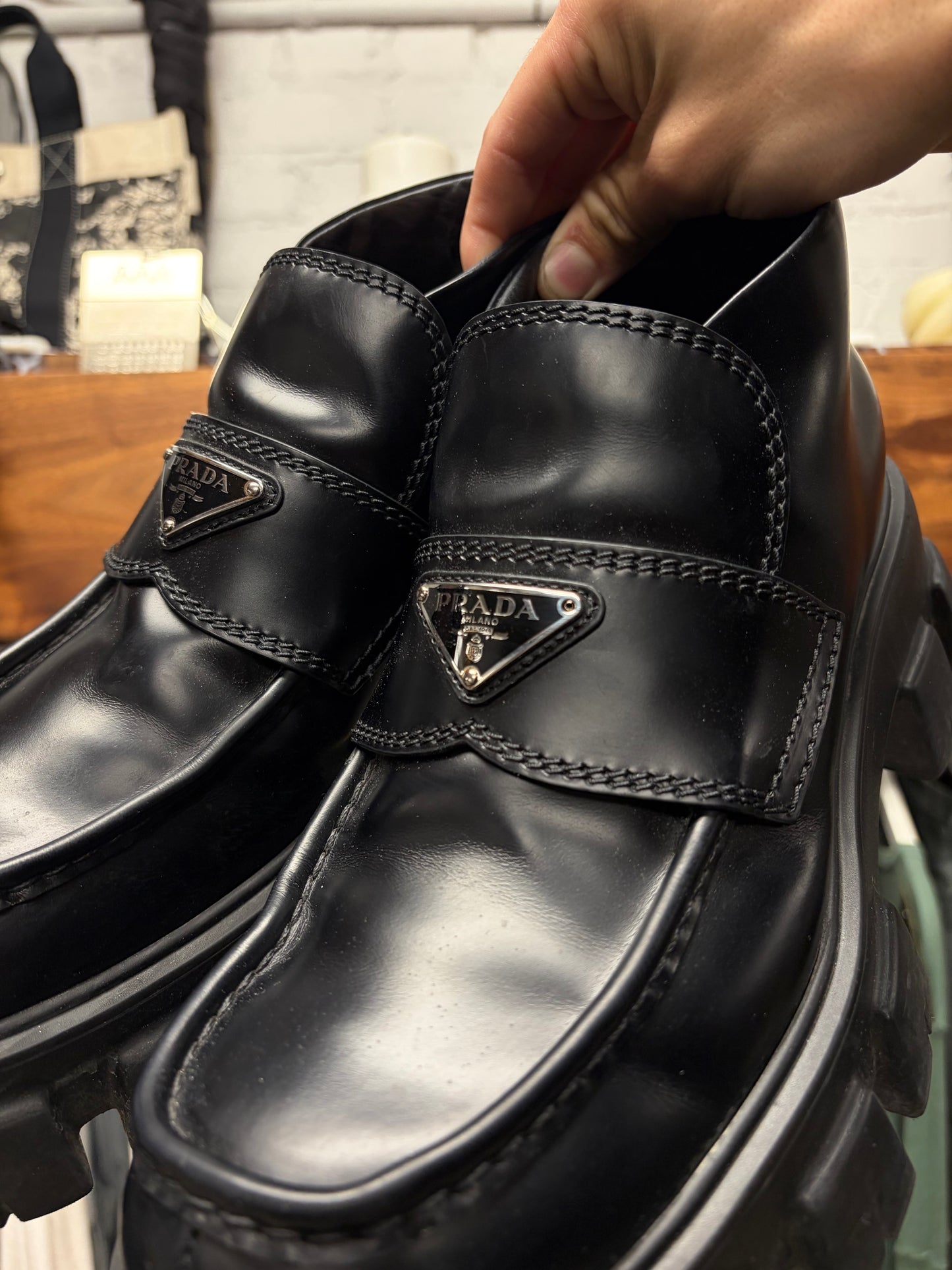 Prada ‘Monolith’ Black Leather Lug Sole Derbys