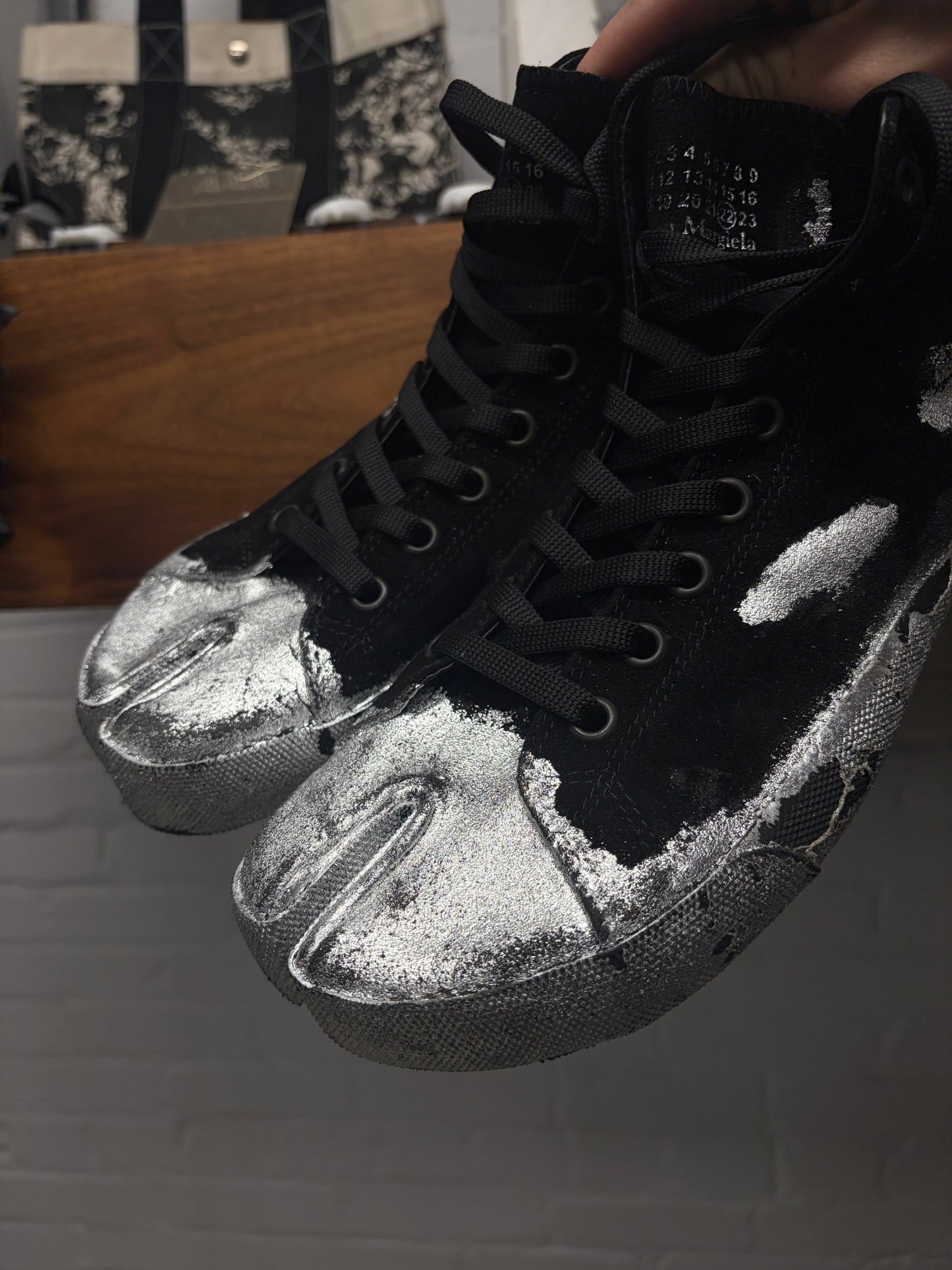 Maison Margiela Tabi Split Toe Silver Paint High Top Sneakers