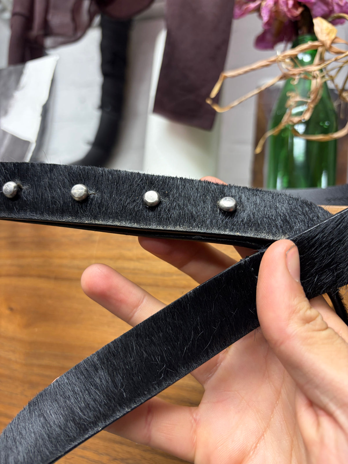 Rick Owens Leather Black ‘Pony Hair’ Button Stud Belt
