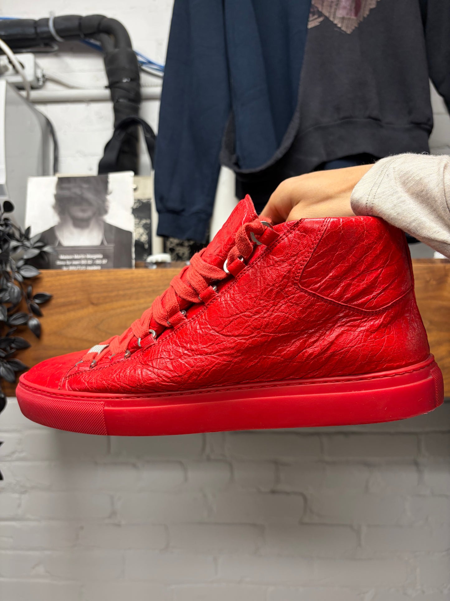 Balenciaga Red ‘Arena’ Calfskin Leather High Top Sneakers