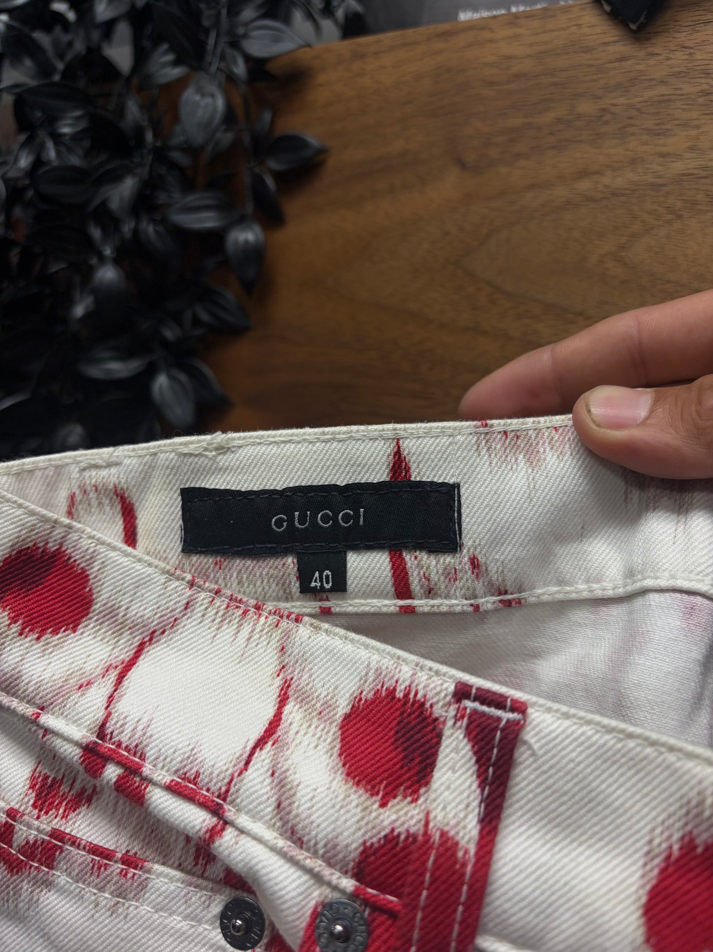 SS2000 Gucci by Tom Ford Floral Patterned Red/White Straight Leg Denim