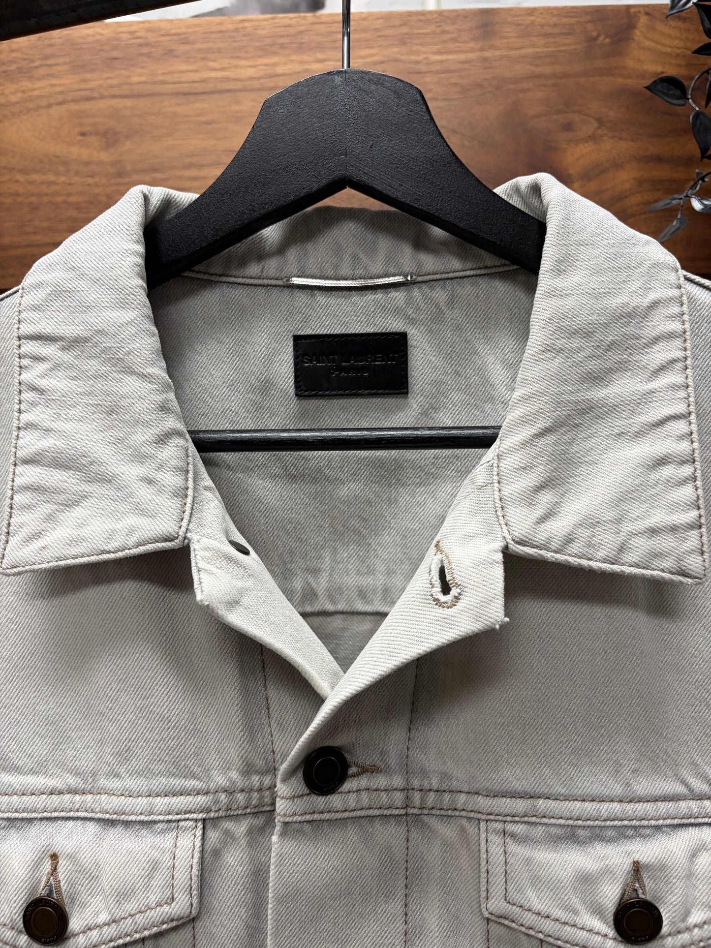 2020 Saint Laurent Paint Coated White Denim Trucker Jacket