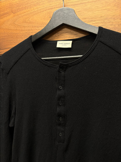 Saint Laurent Henley Ribbed Black Cotton Long Sleeve Shirt