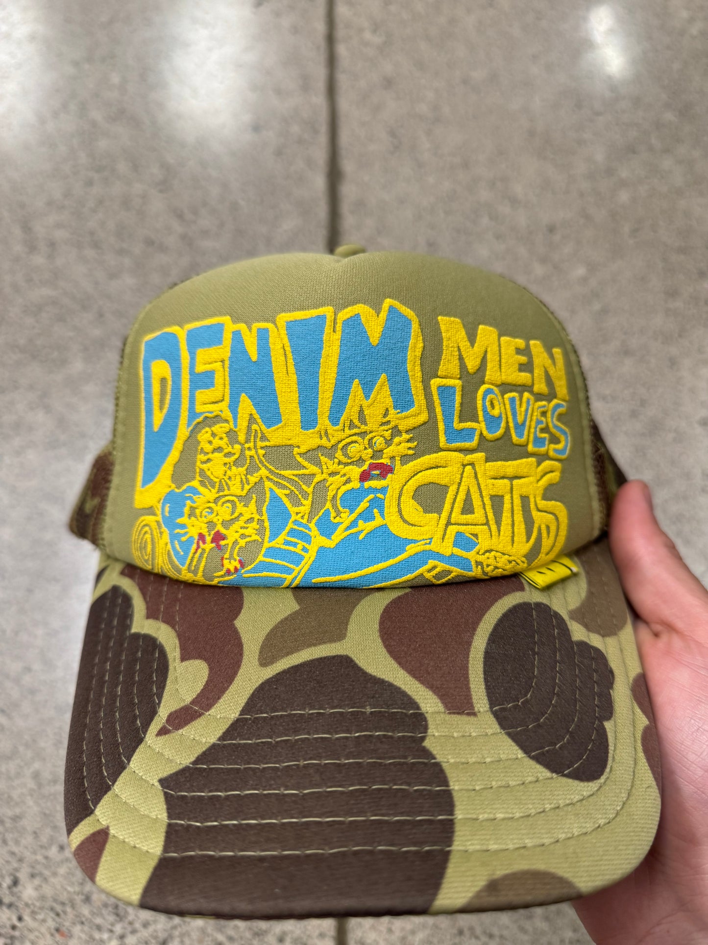Kapital ‘Denim Love Cats’ Camo Trucker Hat