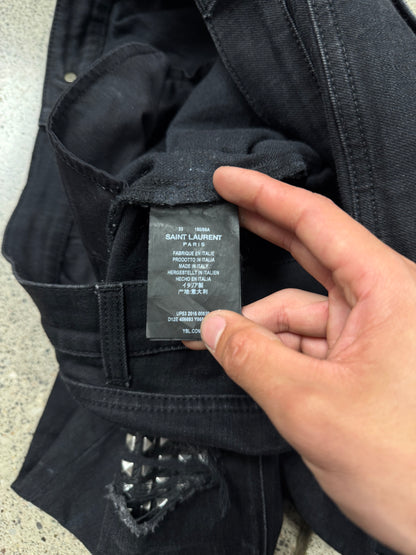 SS2016 Saint Laurent by Hedi Slimane ‘Biker Knee’ Leather Studded ‘D02’ Denim