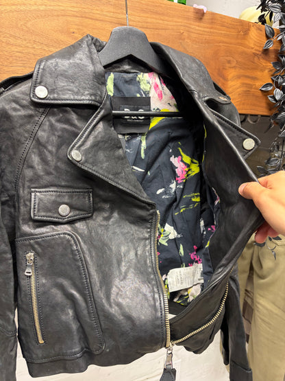 Dolce and Gabbana Cropped Black Lambskin Leather Biker Jacket with Floral Liner