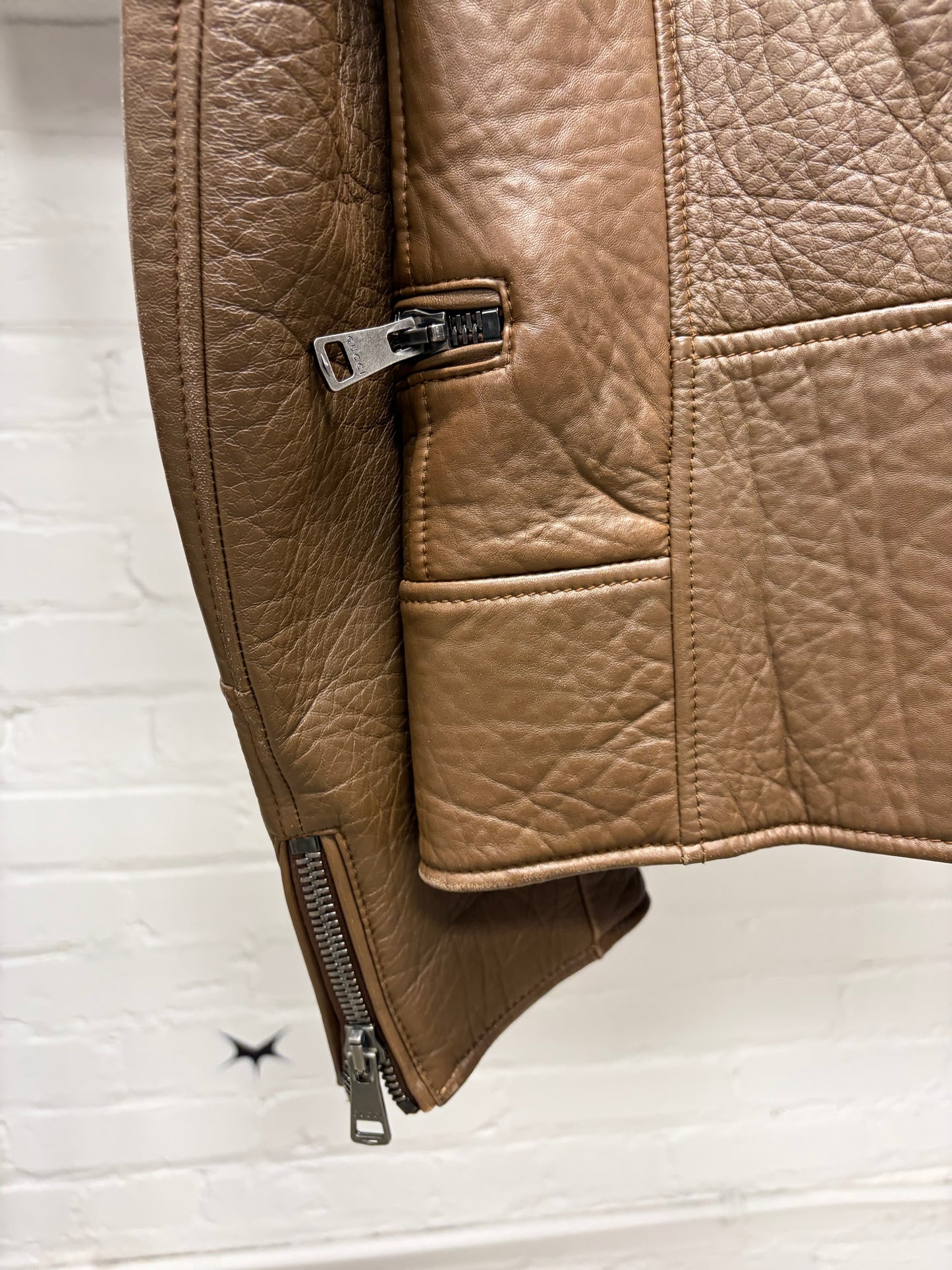 Gucci by Frida Giannini Brown Lambskin ‘Double Collared’ Shearling Trim Biker Jacket