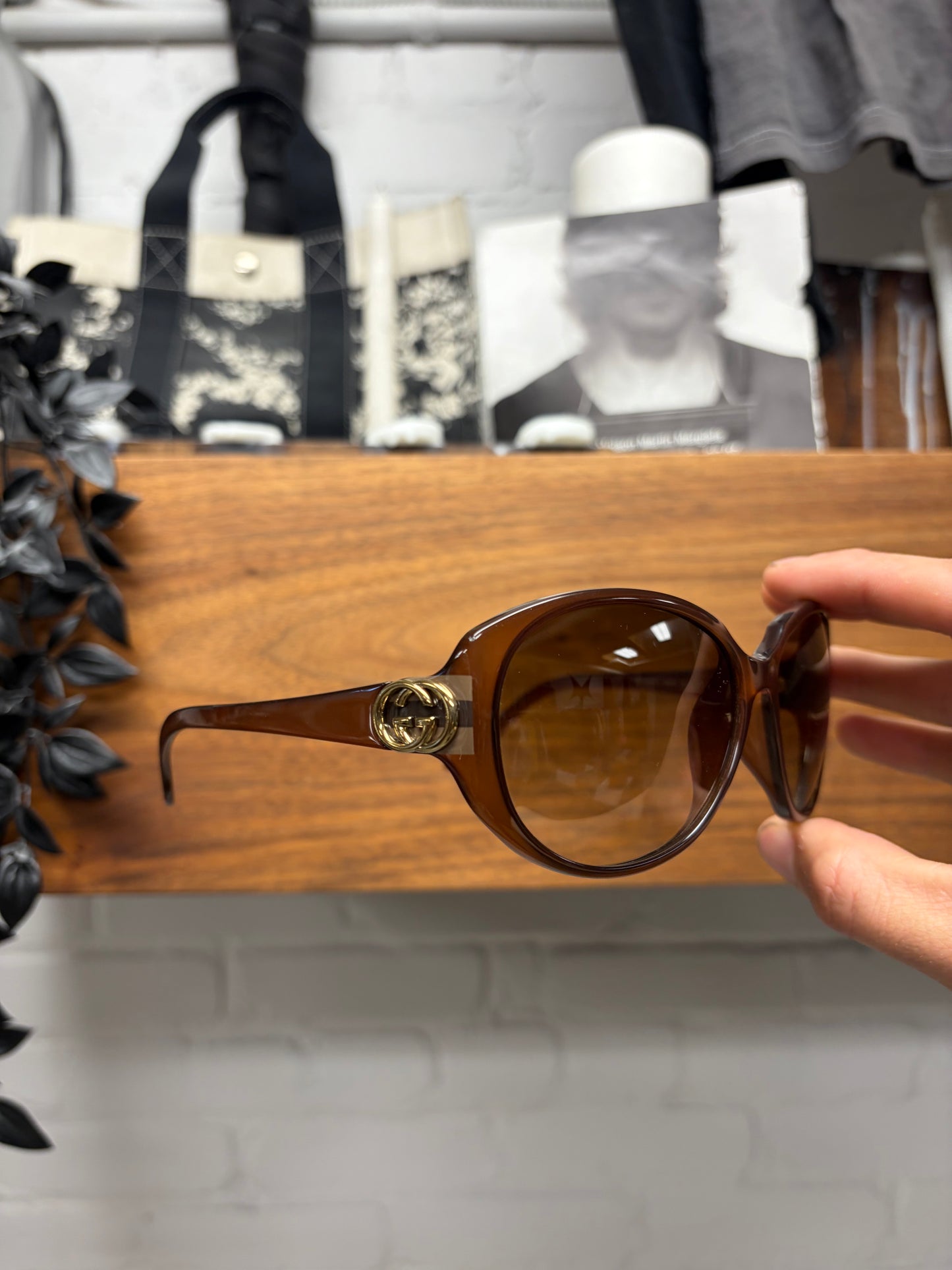 Gucci Brown Tinted GG Interlock Logo Rounded Sunglasses