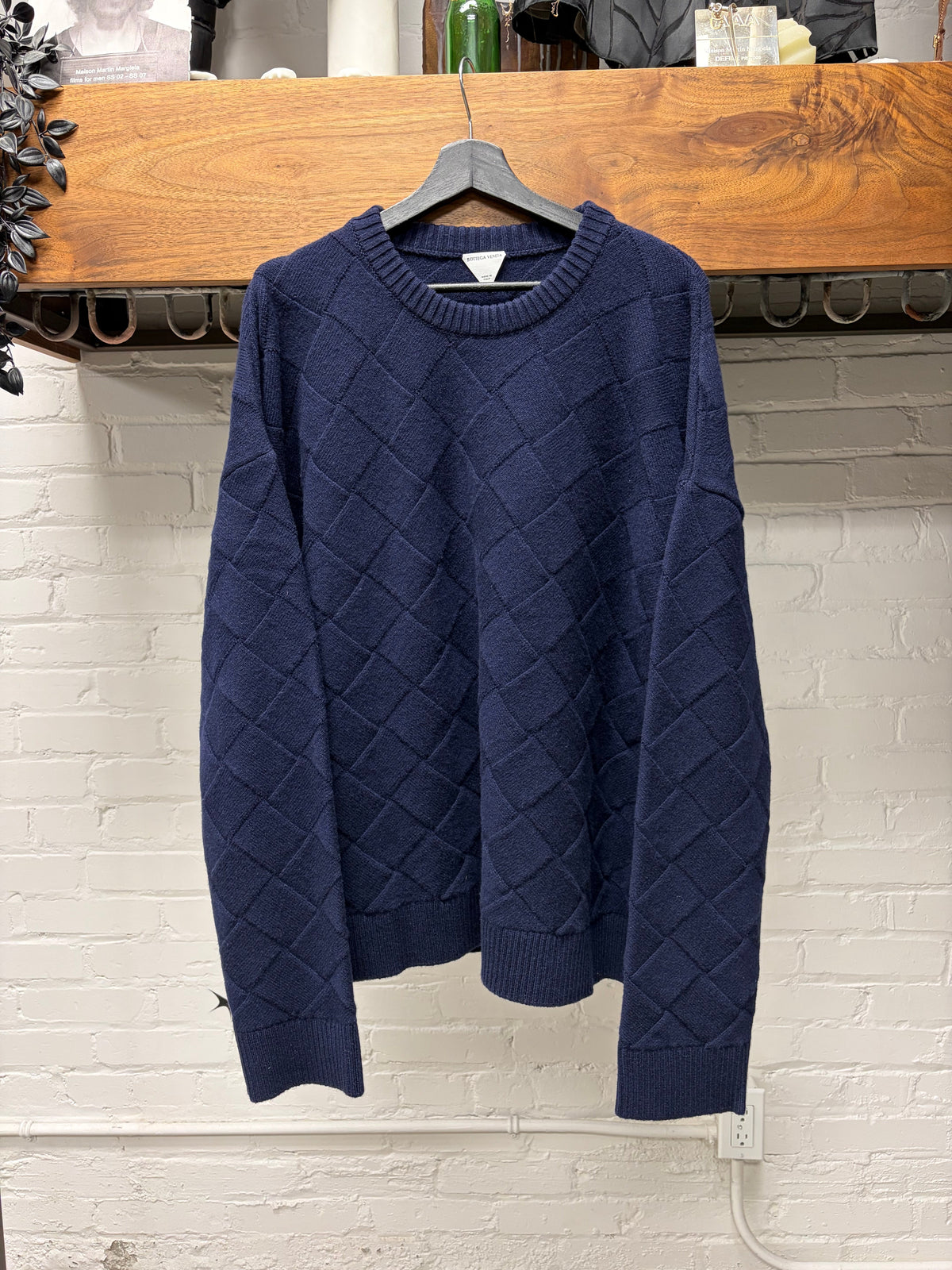 Bottega Veneta 'Intrecciato' Woven Navy Blue Wool Knit Sweater