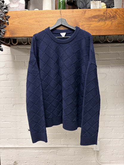 Bottega Veneta 'Intrecciato' Woven Navy Blue Wool Knit Sweater