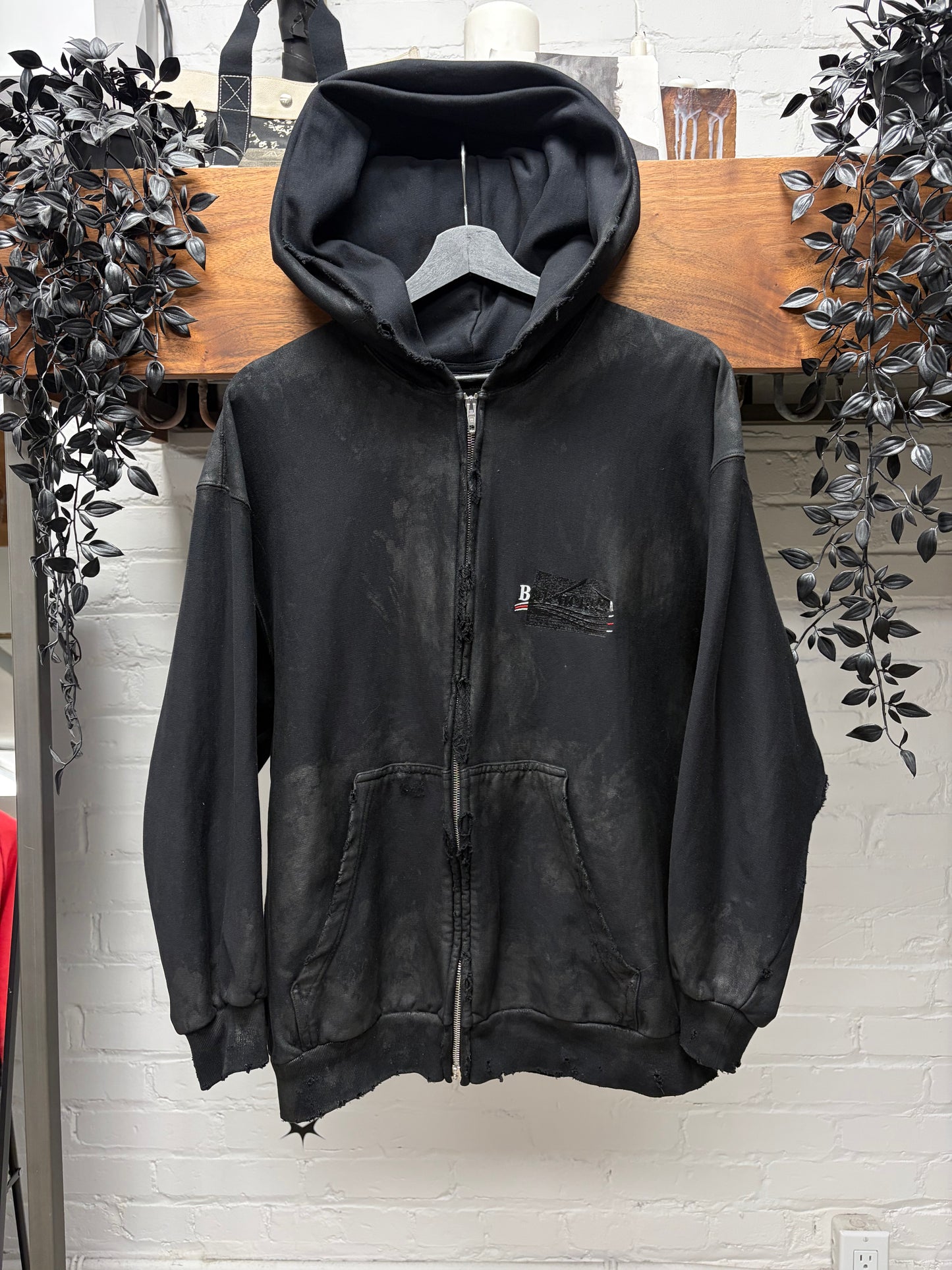 AW2023 Balenciaga Mudshow ‘Gaffer Tape’ Black Distressed Zip-Up Hoodie